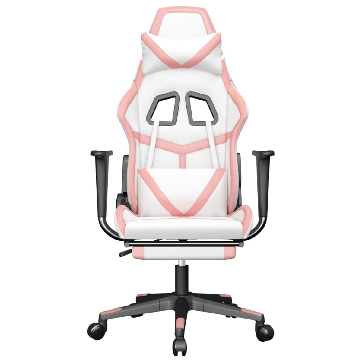 Rosa und weißer Gaming-Stuhl, mit Kopfstütze, Armlehnen und Rollen.