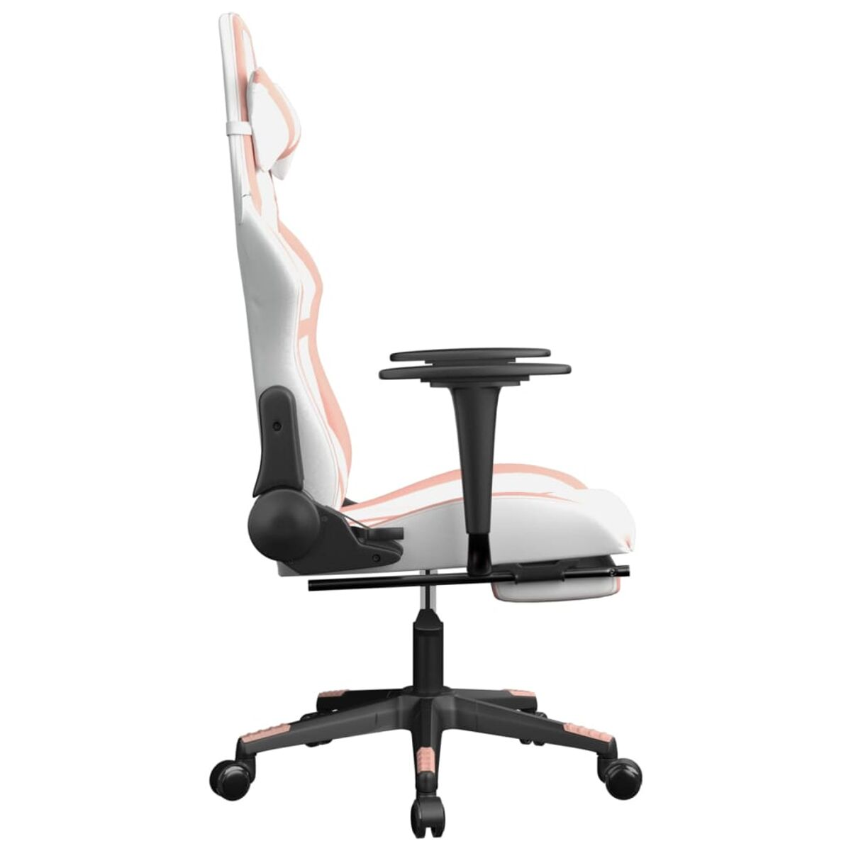 Gaming-Stuhl, Seitenansicht. Weiß und rosa mit schwarzem Sockel. Verfügt über eine Kopfstütze und Armlehnen.