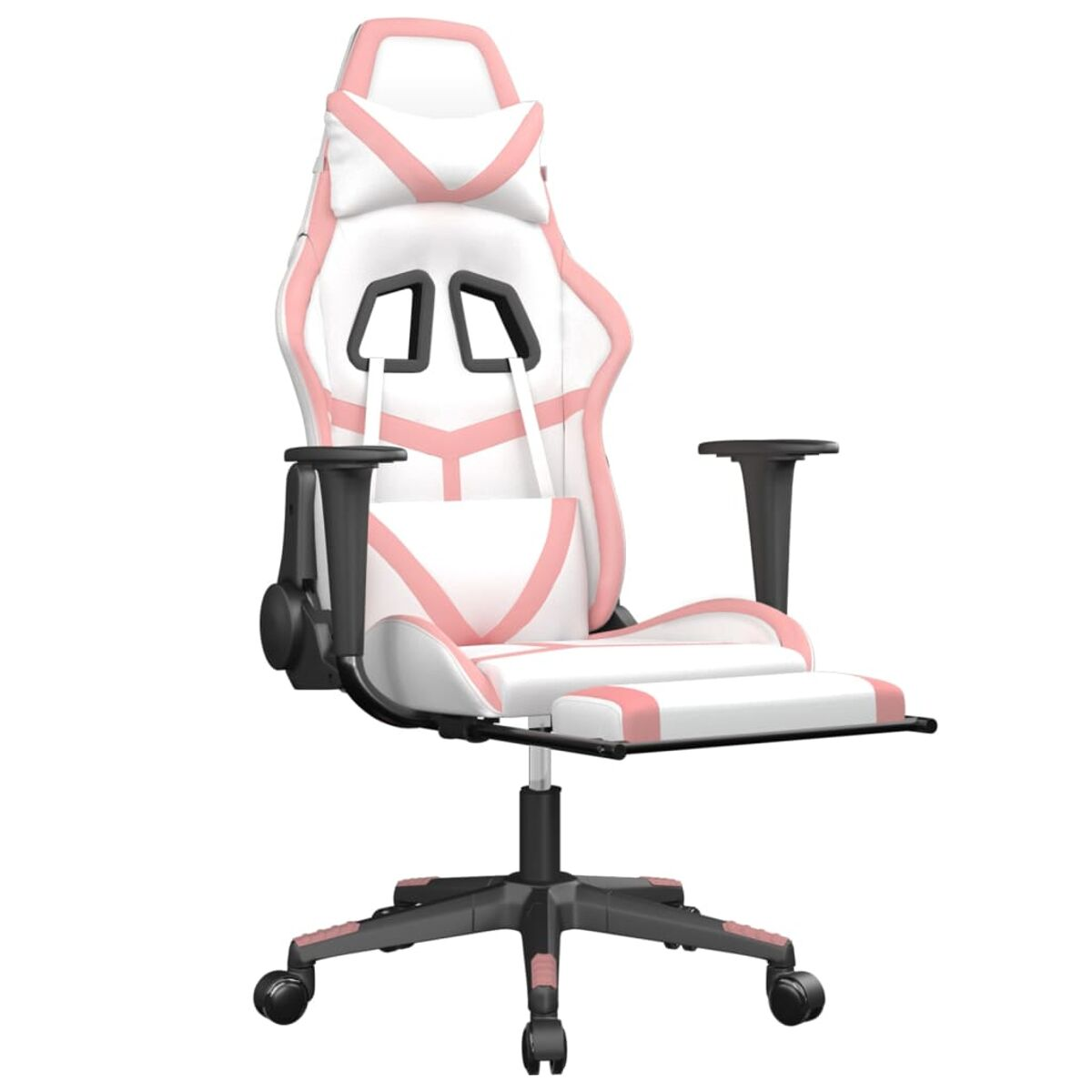 Ein weißer und rosa Gaming-Stuhl mit Fußstütze, vor weißem Hintergrund.