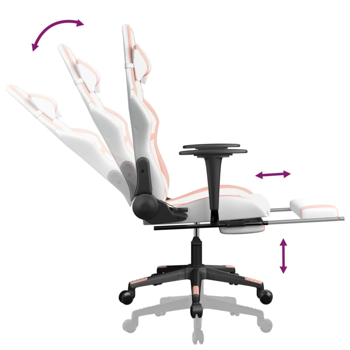 Verstellbarer Gaming-Stuhl in Weiß und Rosa, verschiedene Positionen gezeigt.