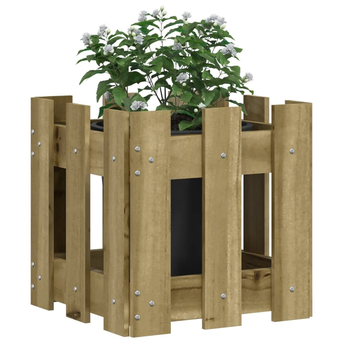 Pflanzkasten aus Holz mit einer Pflanze darin. Die Box hat vertikale Lamellen und sichtbare Schrauben.
