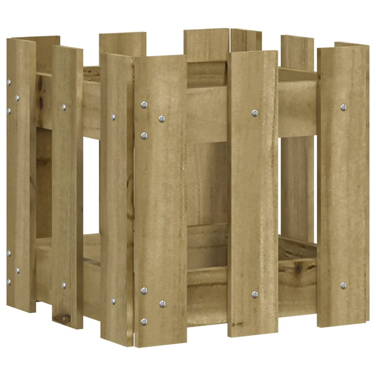 Eine Holz-Außenaufbewahrungseinheit, die aus vertikalen Brettern besteht. Hellbraun.