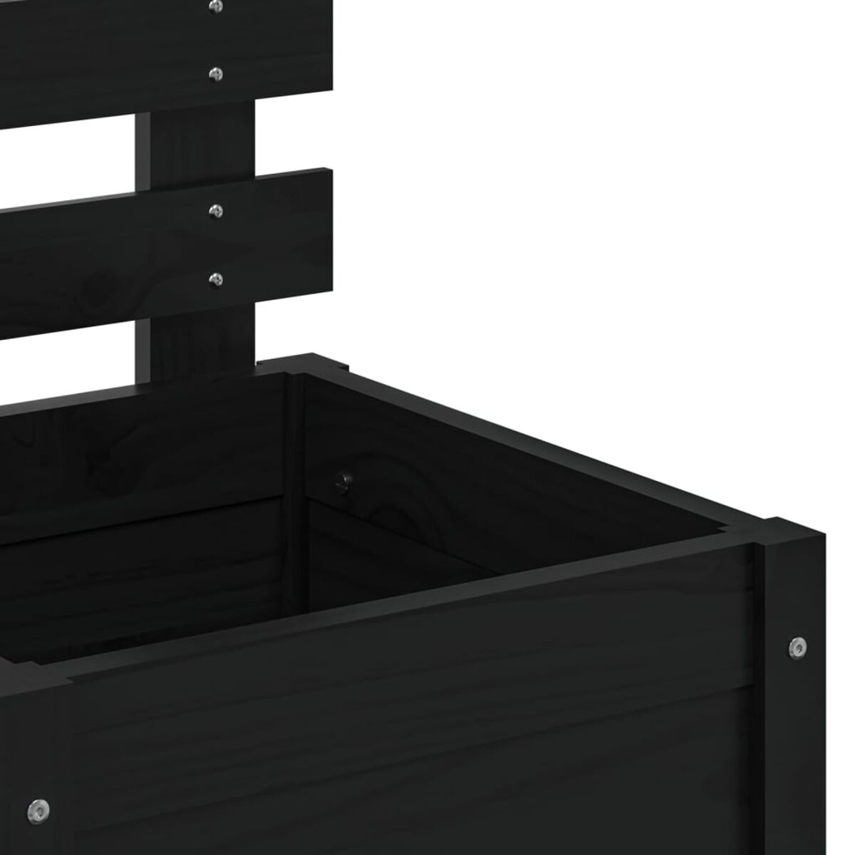 Eine schwarze Pflanzkasten aus Holz. Die Box hat ein einfaches Design mit horizontalen Brettern.