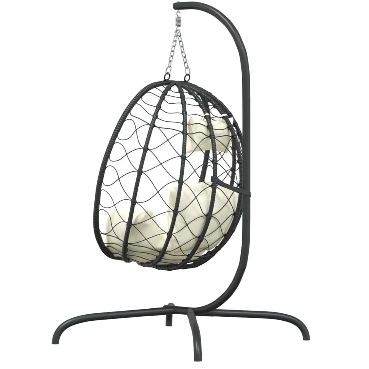 Ein schwarzer hängender Eierstuhl. Der Stuhl hängt an einem gebogenen Metallrahmen.