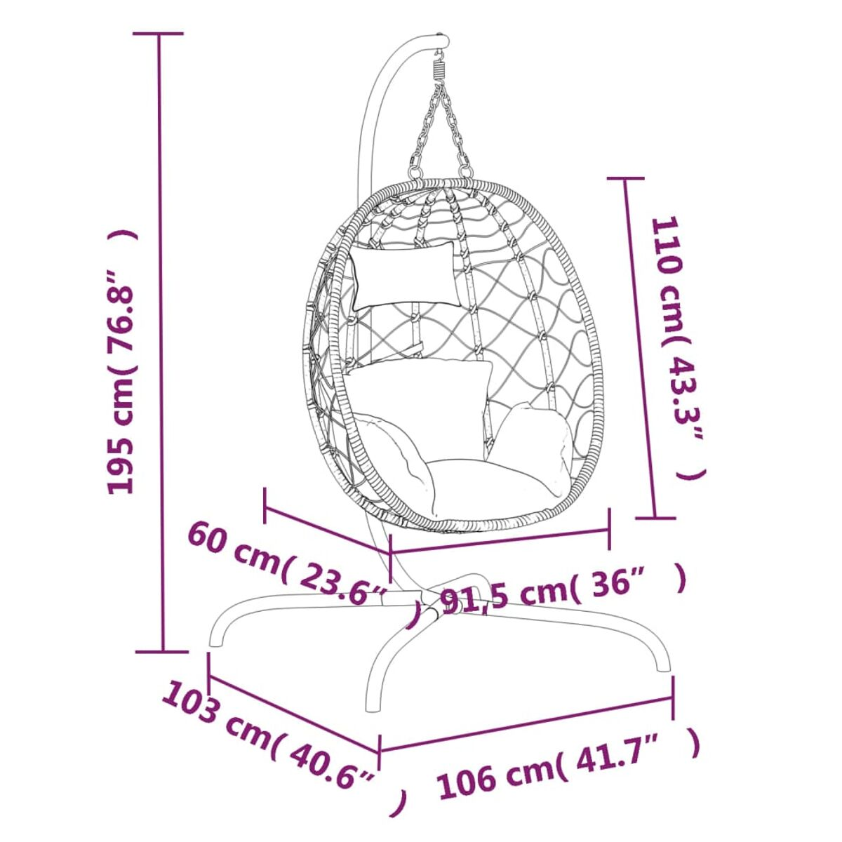 Ein Diagramm eines hängenden Eier-Stuhls mit Maßen in cm und Zoll. Der Hintergrund ist weiß.