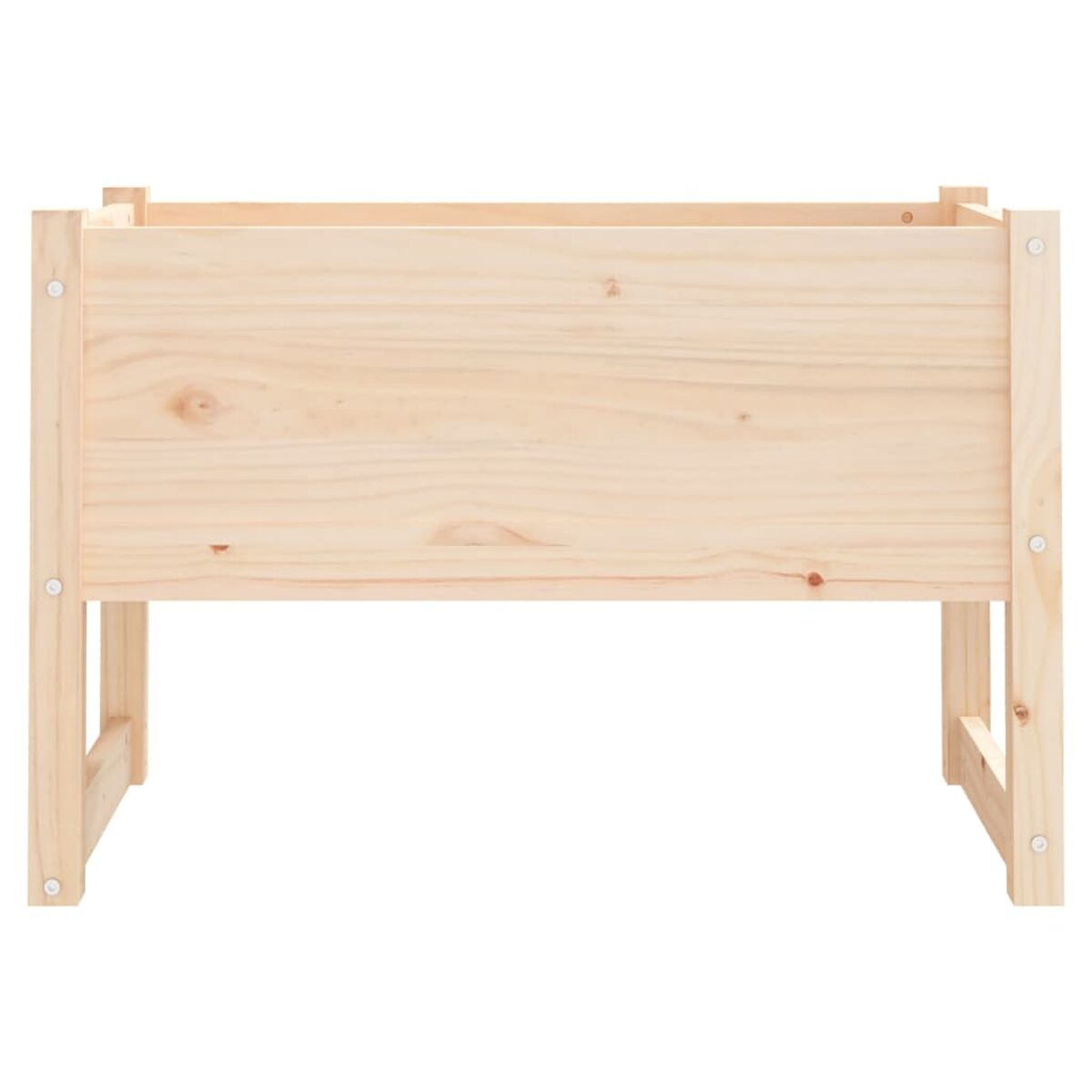 Ein rechteckiger Pflanzkasten aus Holz. Die Box ist aus hellfarbigem Holz gefertigt und hat ein einfaches Design.