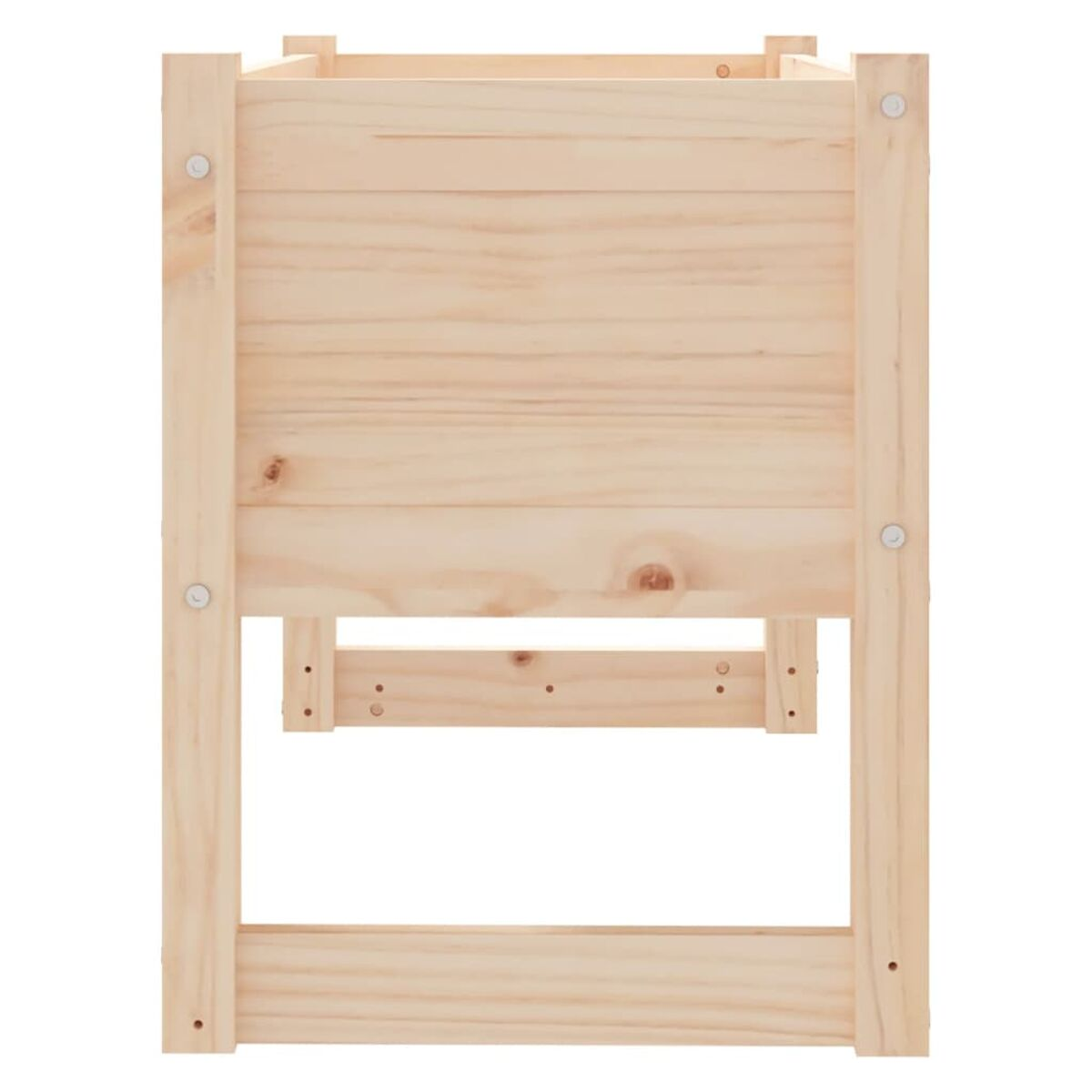 Eine Holzkiste von vorne gesehen. Sie besteht aus hellem Holz und hat ein einfaches, offenes Design.