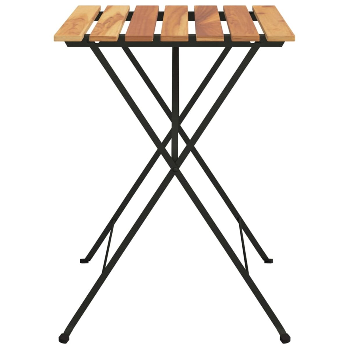 Holztisch mit schwarzen Beinen. Der Tisch besteht aus Holzlatten. Weißer Hintergrund.