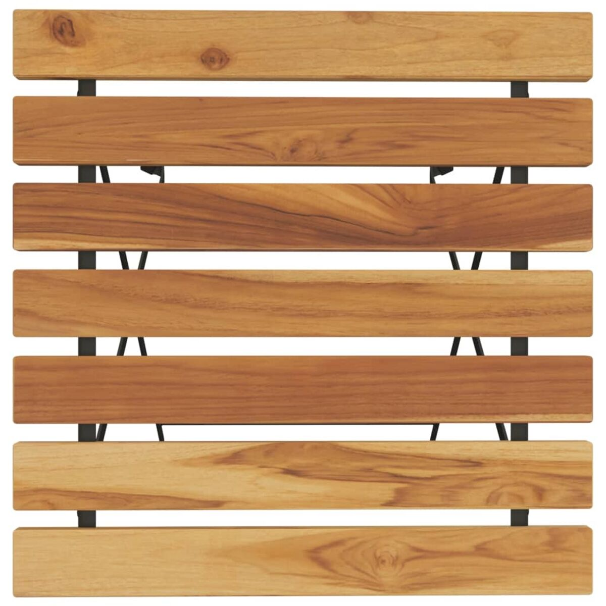 Holz-Außentischplatte mit horizontalen Lamellen, getragen von schwarzen Metallstangen.