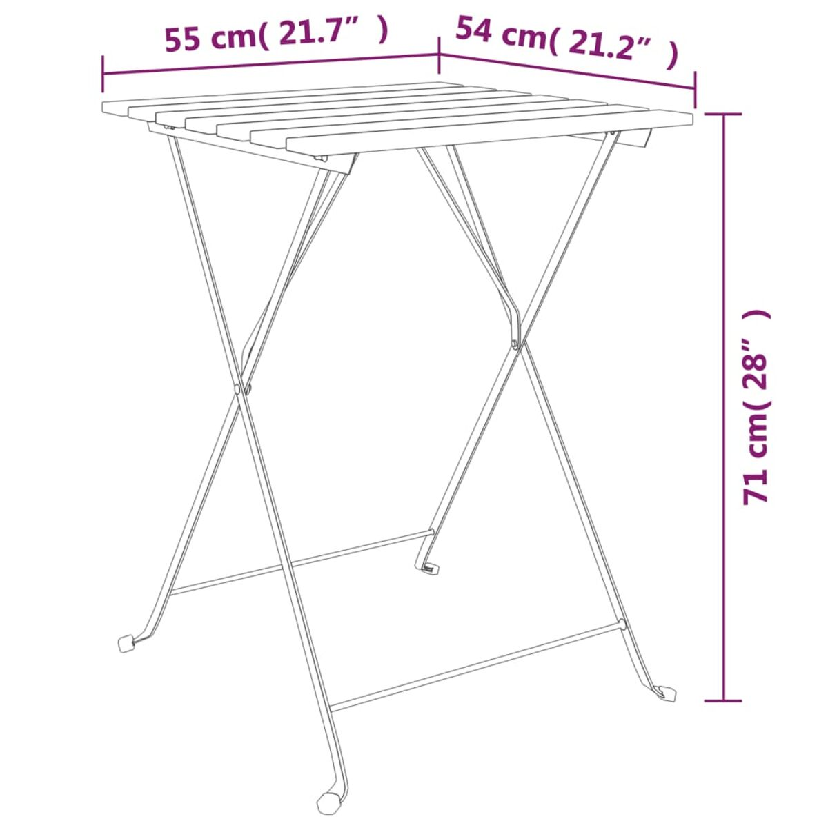 Klappbarer Gartentisch. Er hat eine Holzplatte und Metallbeine.
