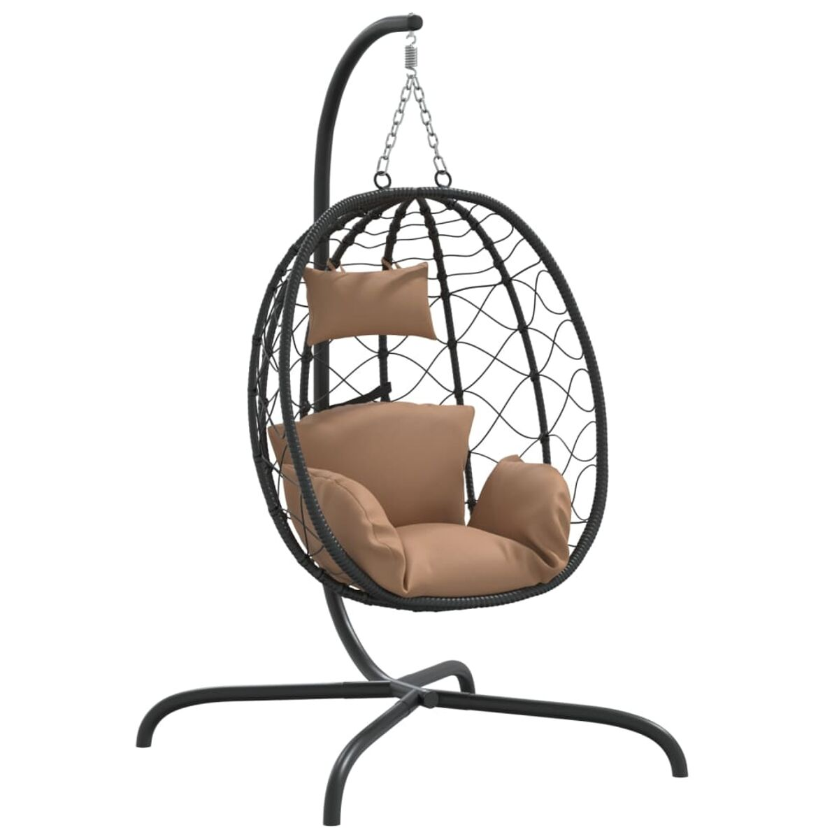 Schwarzer hängender Ei-Stuhl mit braunem Kissen und Kissen. Der Stuhl steht auf einem schwarzen Metallständer.