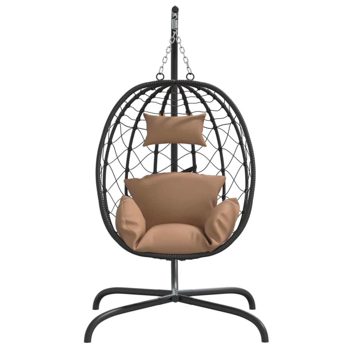 Hänge-Eiersessel mit braunem Kissen und Kissen. Schwarzes Metallgestell.