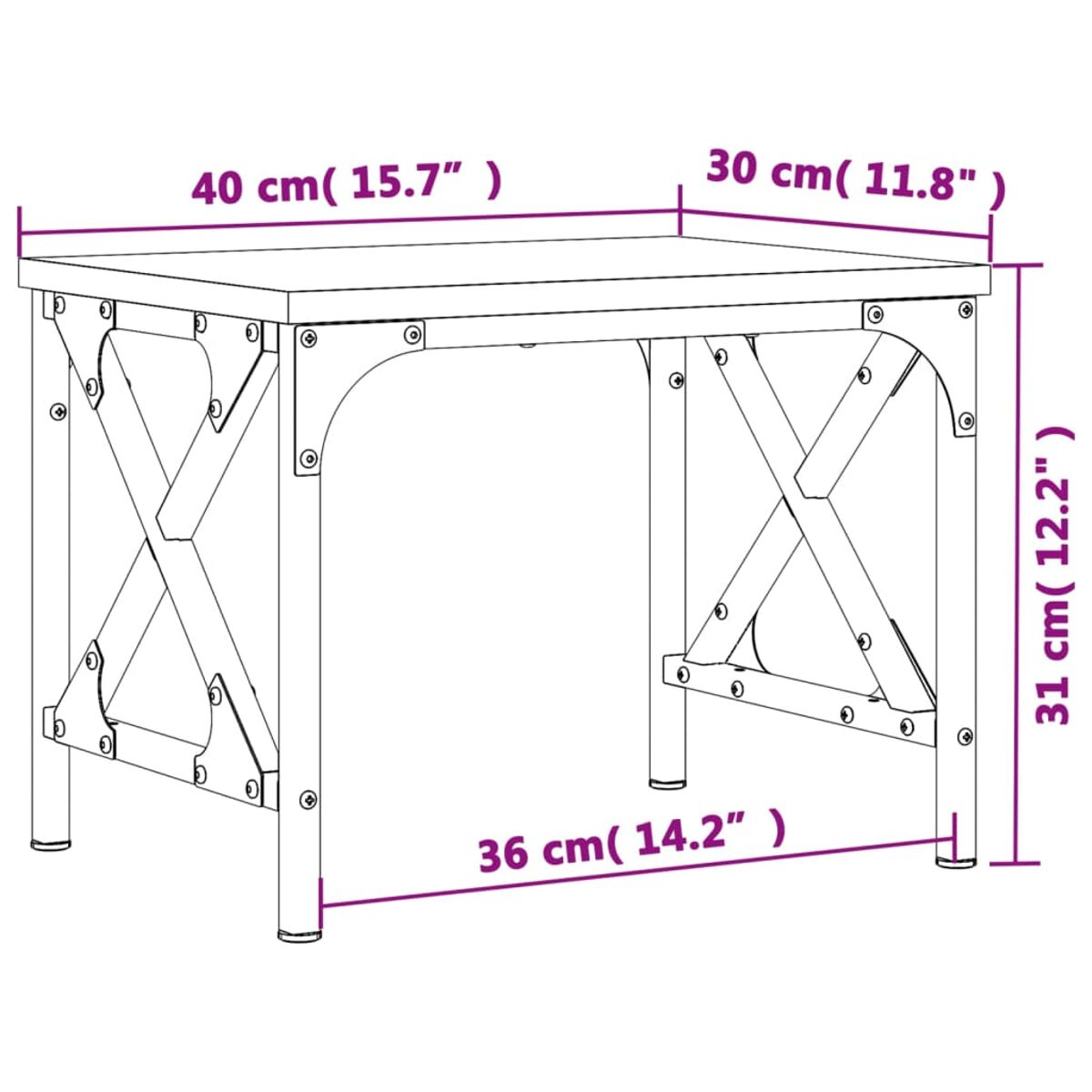 Diagramm eines quadratischen Tisches mit Maßen: 40 cm x 30 cm x 36 cm. Stützbeine mit X-förmigen Querstreben.