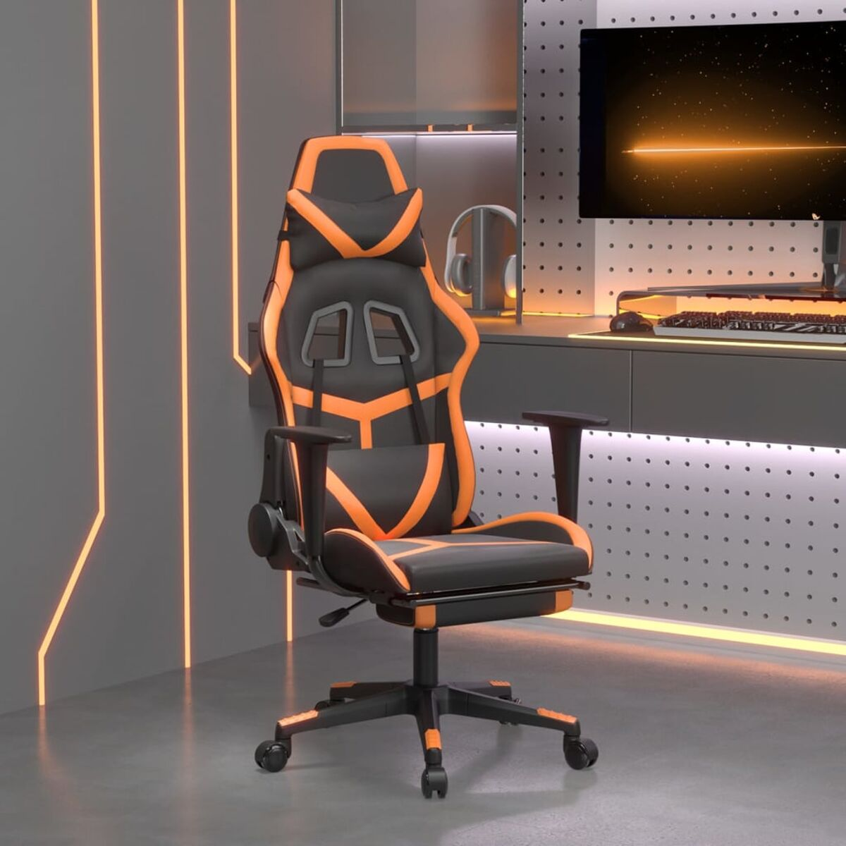 Gaming-Stuhl, schwarz und orange, mit Fußstütze, in einem Gaming-Raum.