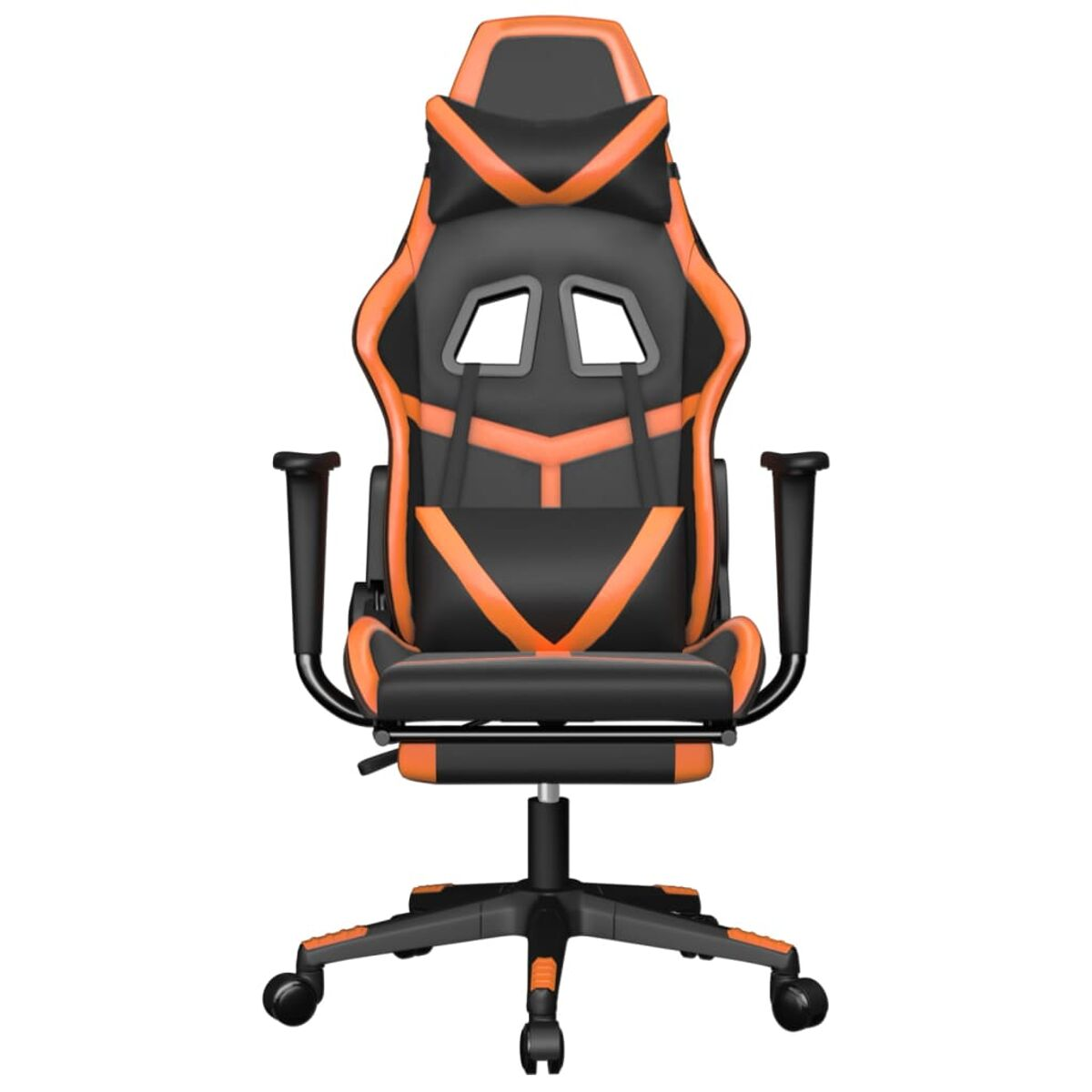 Schwarzer und oranger Gaming-Stuhl. Vorderansicht. Mit hohem Rücken, Armlehnen und schwarzem Untergestell.