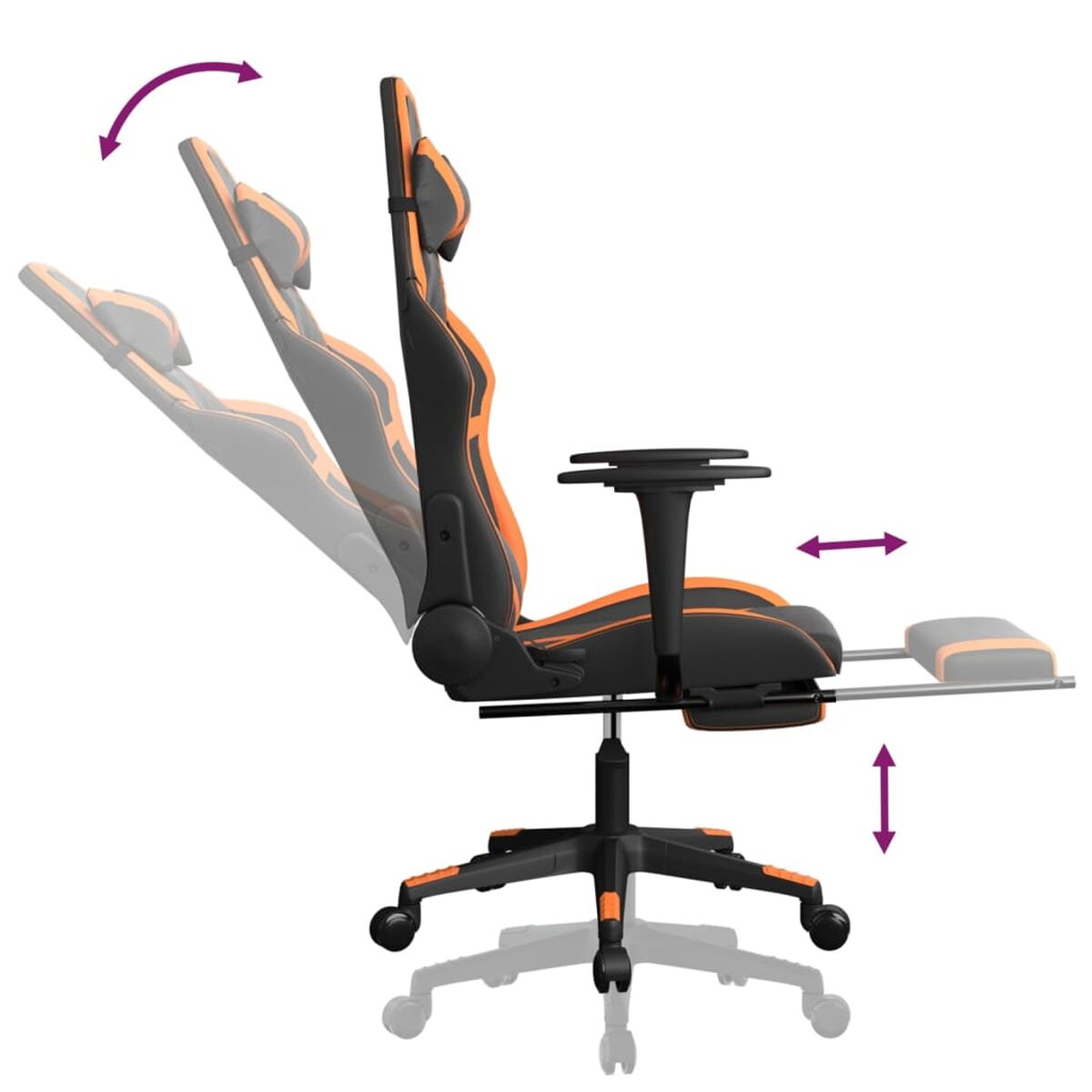 Gaming-Stuhl in Orange und Schwarz mit verstellbaren Funktionen. Seitenansicht, mit Bewegungspfeilen.