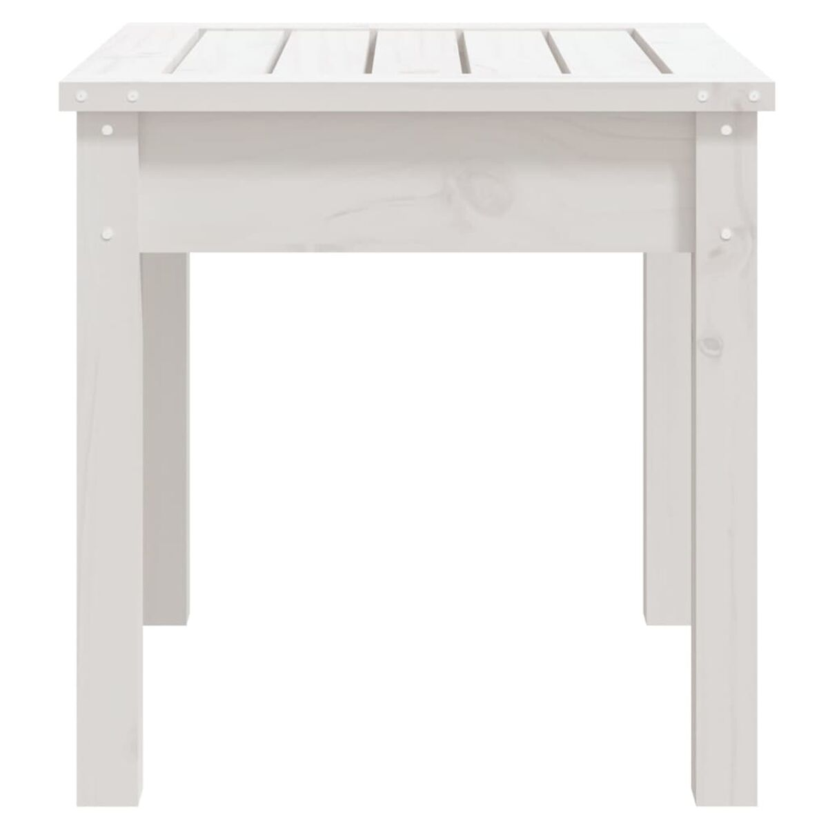 Weißer Holzbeistelltisch. Quadratische Oberseite mit Lamellen. Vier Beine. Sauberes Design.
