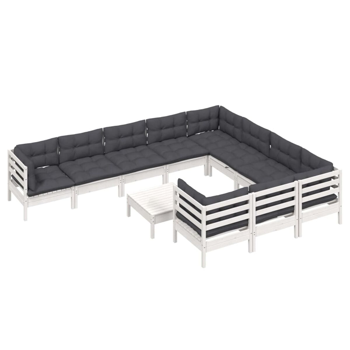 Weißes Gartenmöbelset: großes Ecksofa, Tisch und Bank, alle mit grauen Kissen.