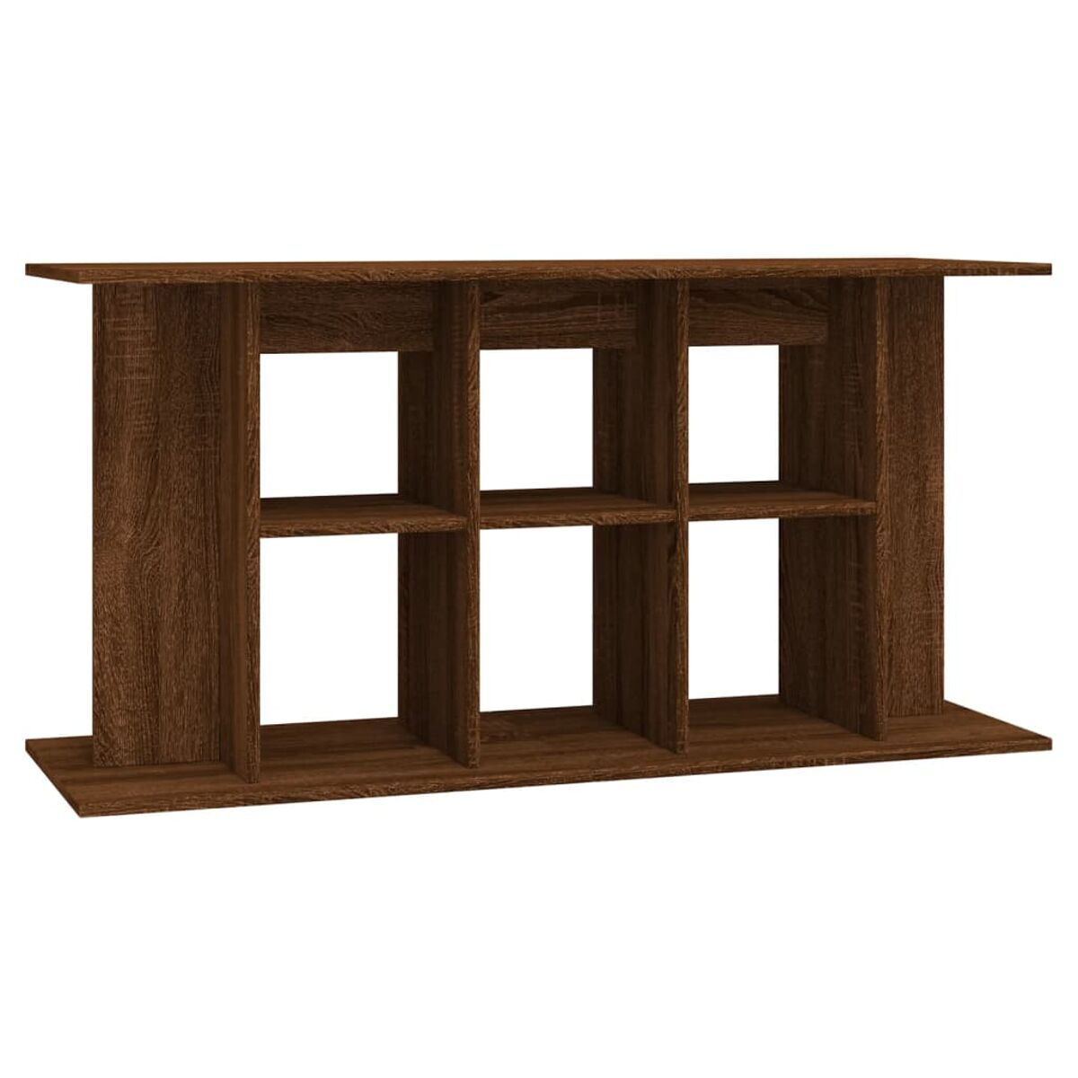 Ein Holzregal mit sechs Fächern, dunkelbraun.
