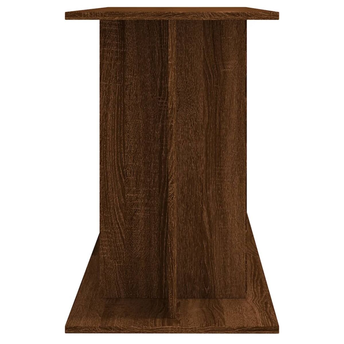 Dunkler Holz-Beistelltisch mit quadratischer Oberseite und Trapezbasis.