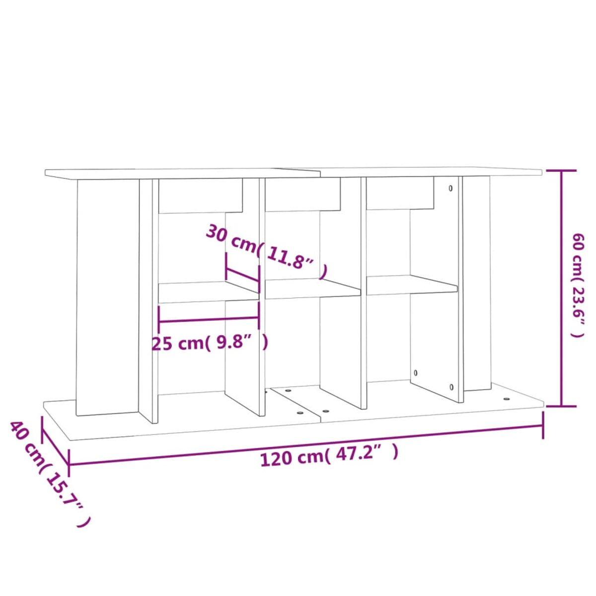 Weißes Regal mit markierten Abmessungen. 120 cm lang, 60 cm hoch.