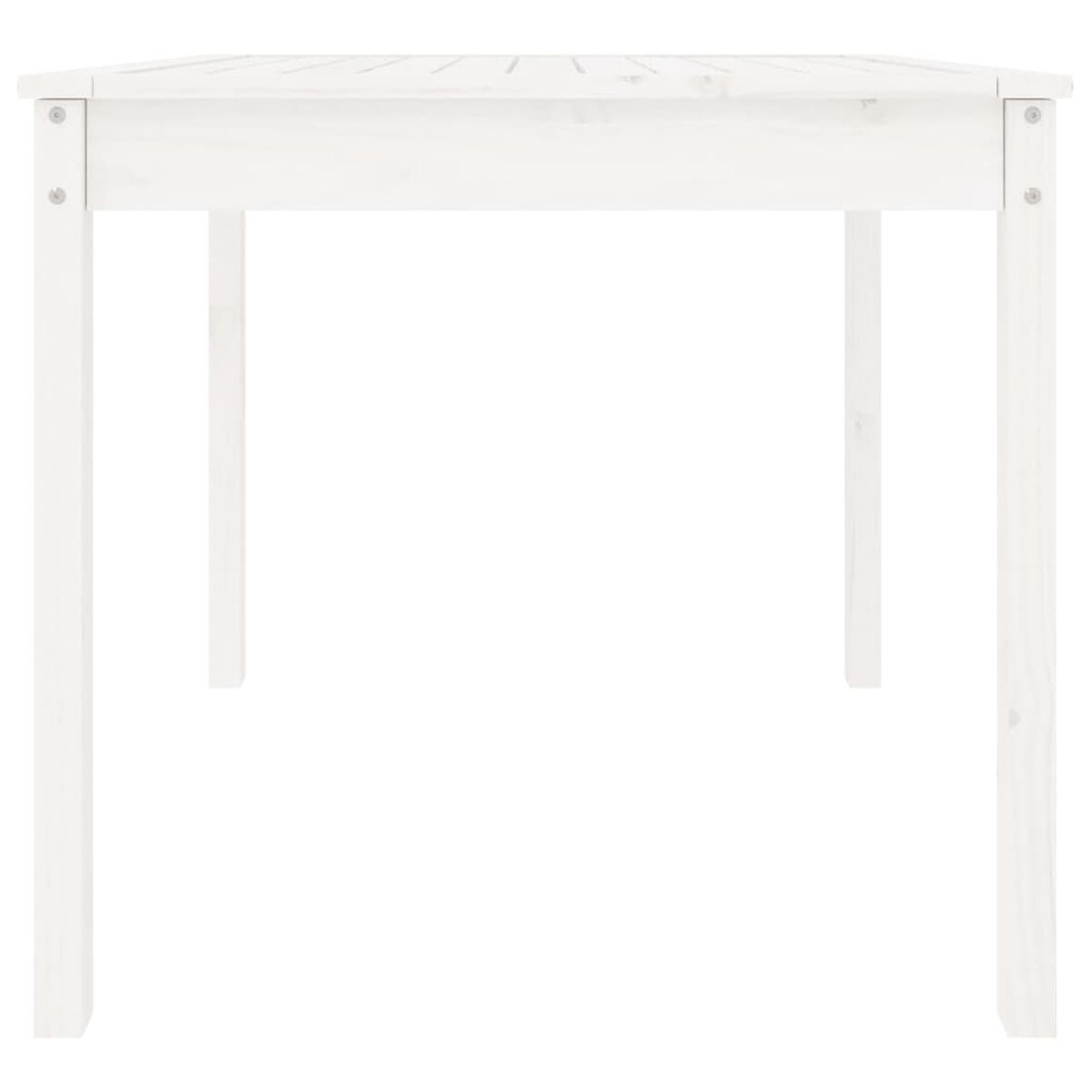 Ein weißer quadratischer Tisch mit weißen Beinen, von oben gesehen.