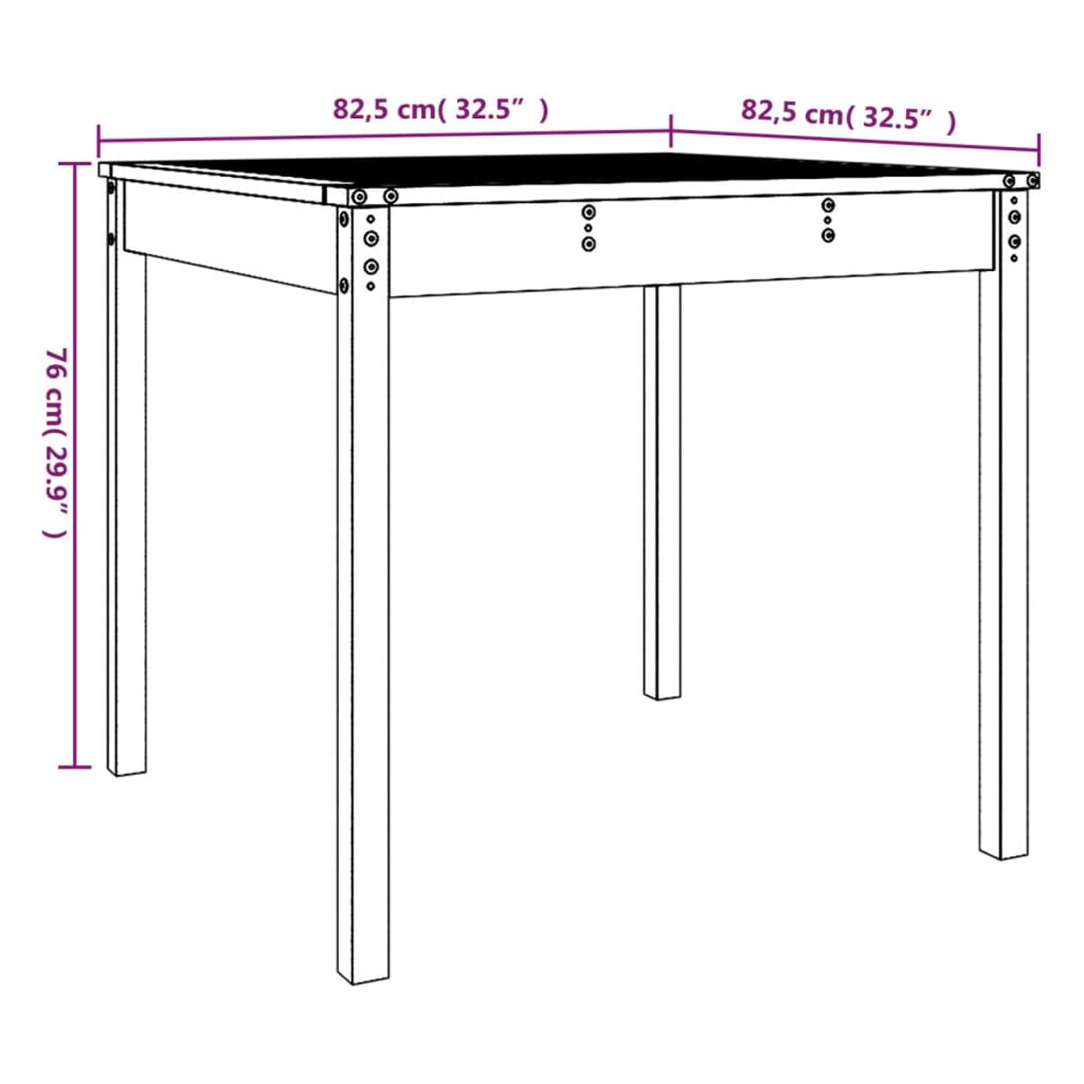 Quadratischer Holztisch mit Maßen, auf weißem Hintergrund, mit sichtbaren Schraubenlöchern.