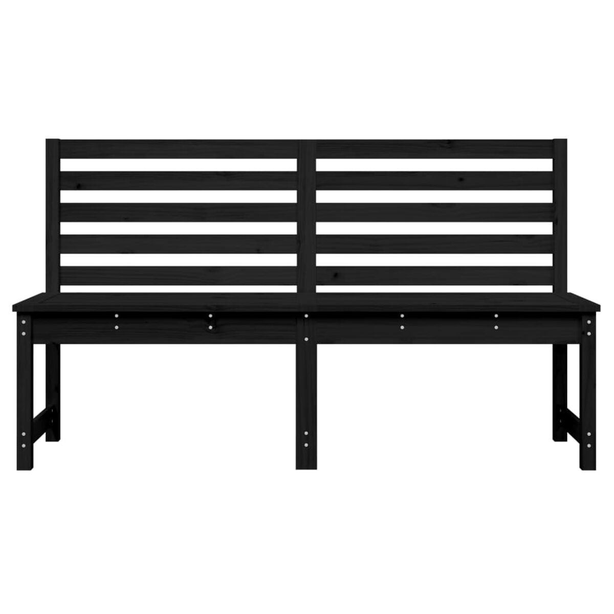 Schwarze Holzbank mit horizontalen Lamellen auf der Rückseite.