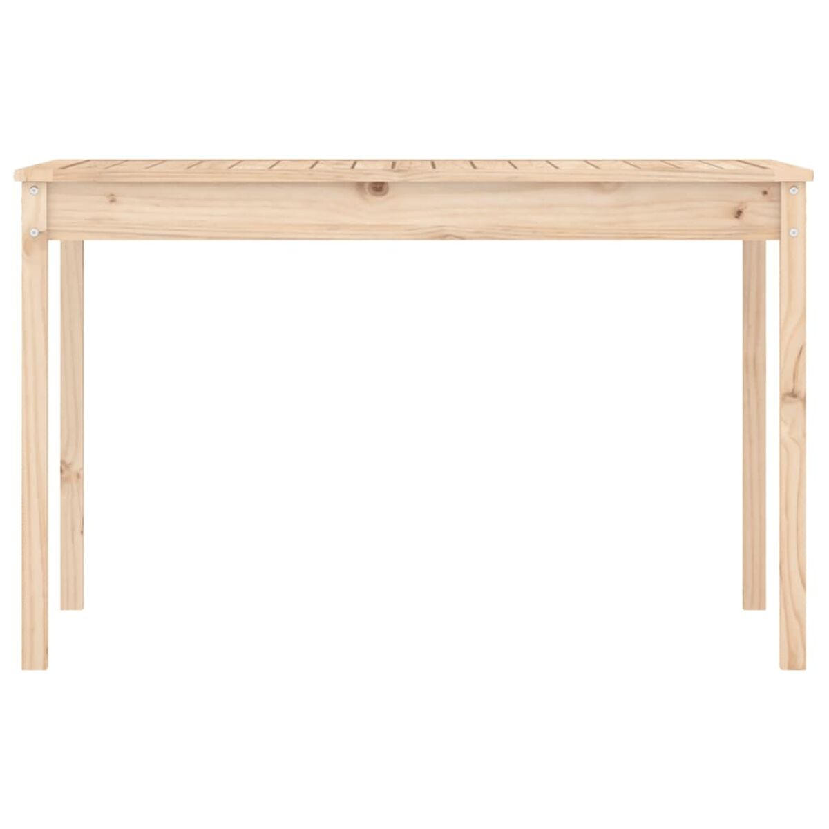 Holz-Außentisch mit Lamellen oben. Vier Beine und helle Farbe.