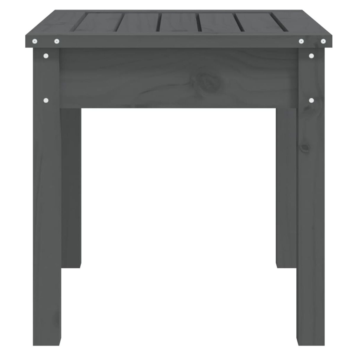Grauer Holz-Outdoor-Beistelltisch mit Lattenrost. Sauberes, schlichtes Design.