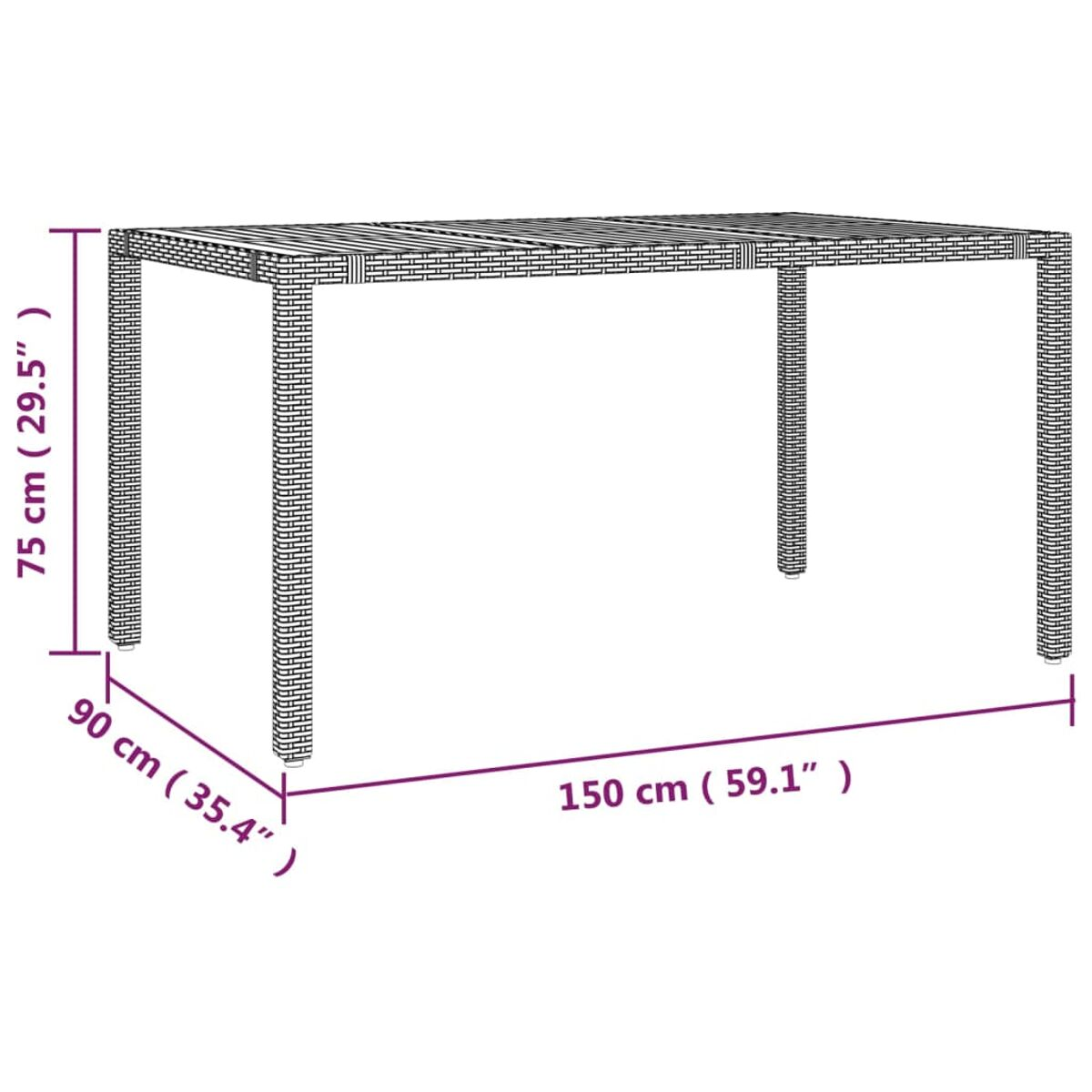 Rechteckiger Rattan-Tisch für draußen mit Beinen. Maße: 150x90x75 cm.