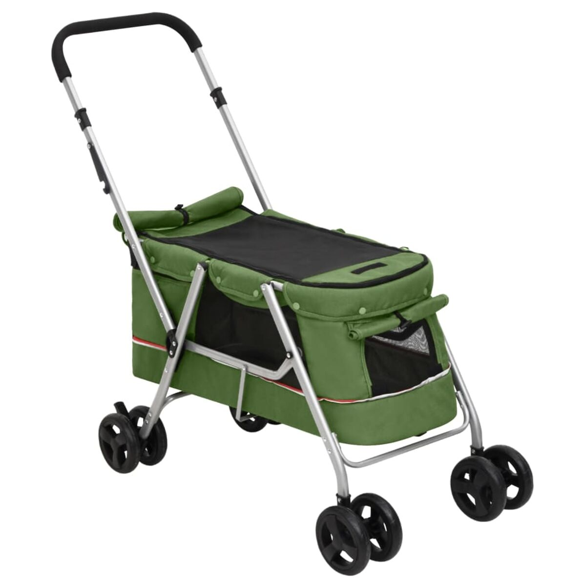 Ein grüner Haustier-Kinderwagen mit schwarzen Rädern. Er hat einen schwarzen Innenraum und einen silbernen Rahmen.