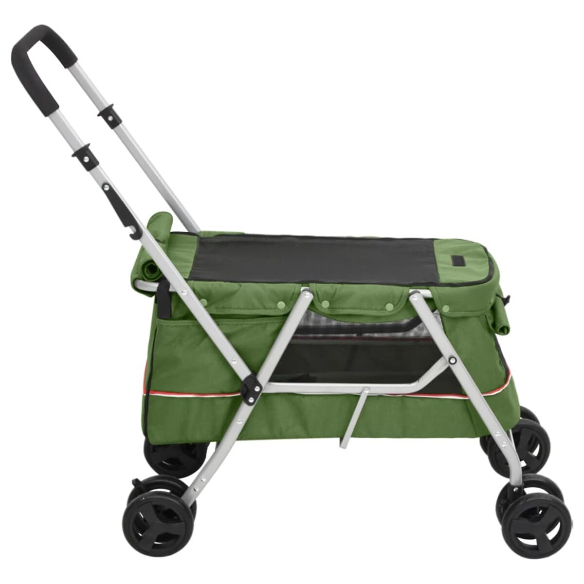 Ein grüner Haustier-Kinderwagen mit schwarzem Dach, silbernem Rahmen und vier Rädern, seitlich gesehen.