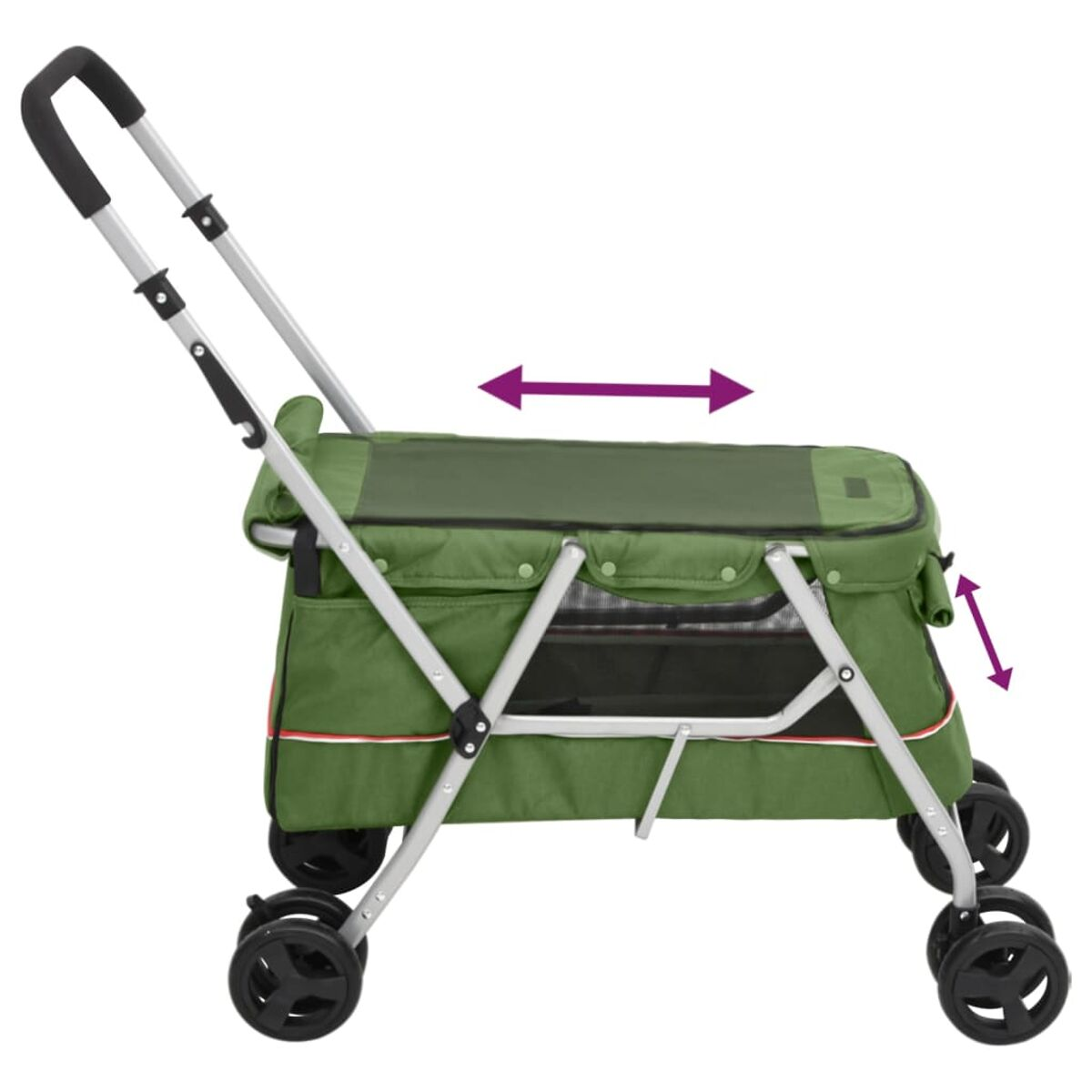 Grüner Haustier-Kinderwagen mit schwarzem Griff und Rädern. Er hat ein Netzfenster und Pfeile zeigen die Ausdehnung.