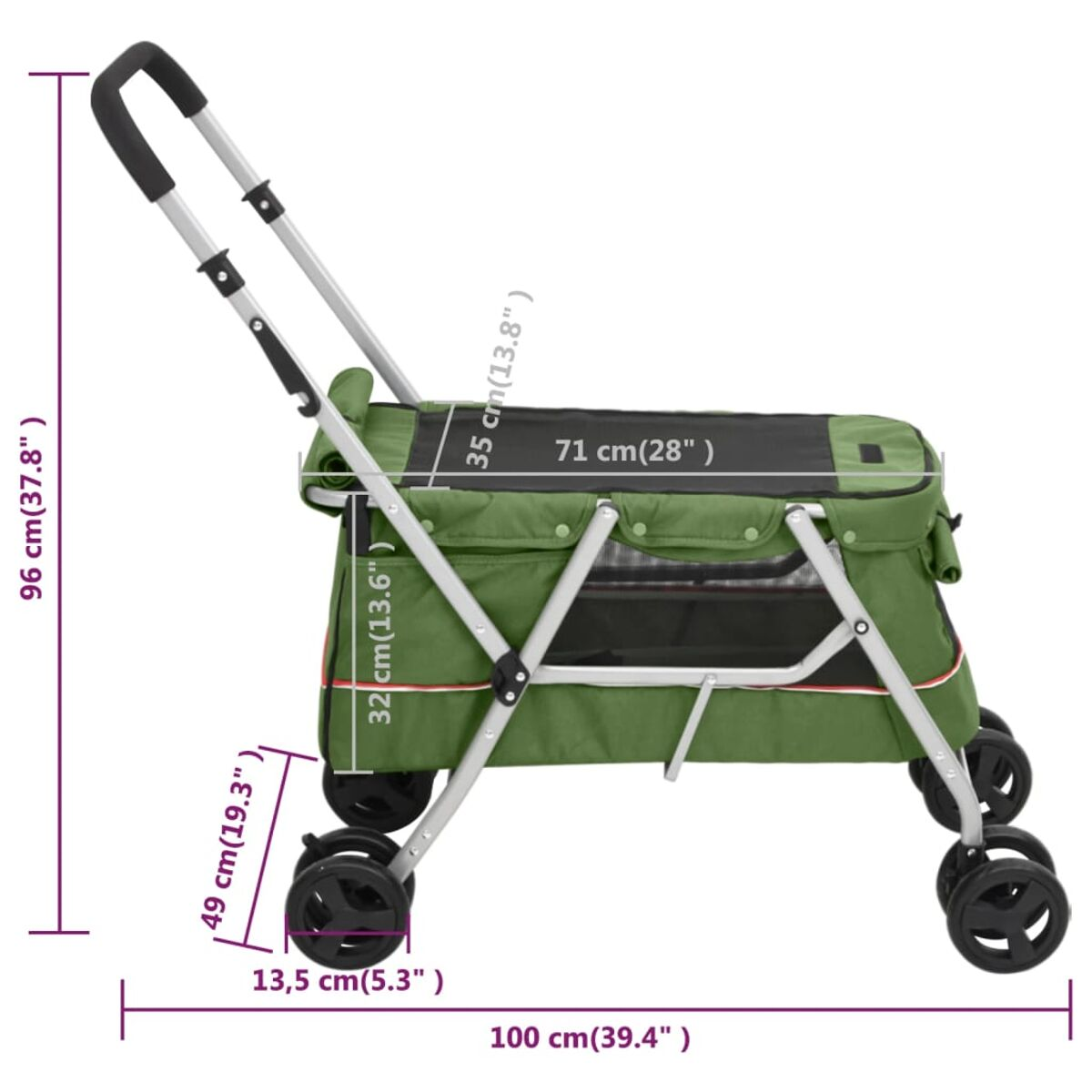 Grüner Haustier-Kinderwagen mit Maßangaben. Er hat vier Räder und einen Griff.