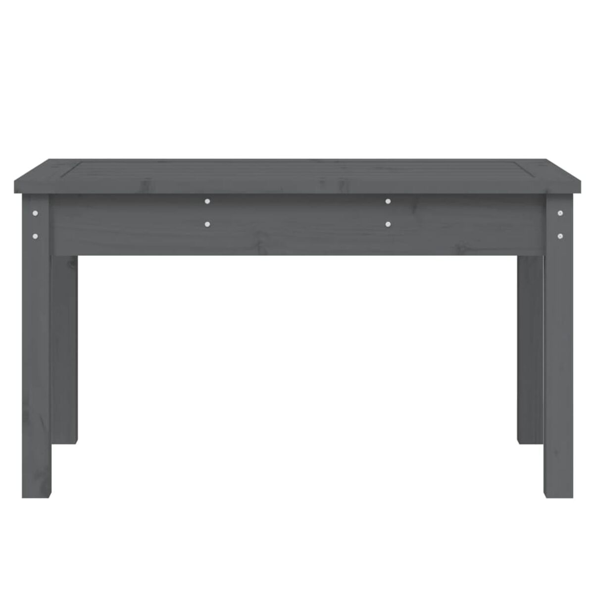Ein grauer Holztisch mit einfachem Design. Er hat eine rechteckige Form und vier Beine.