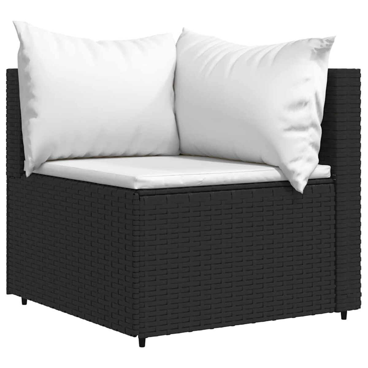 Schwarzer Eckstuhl im Wicker-Stil für draußen. Weiße Kissen. Minimalistisches Design. Draufsicht.