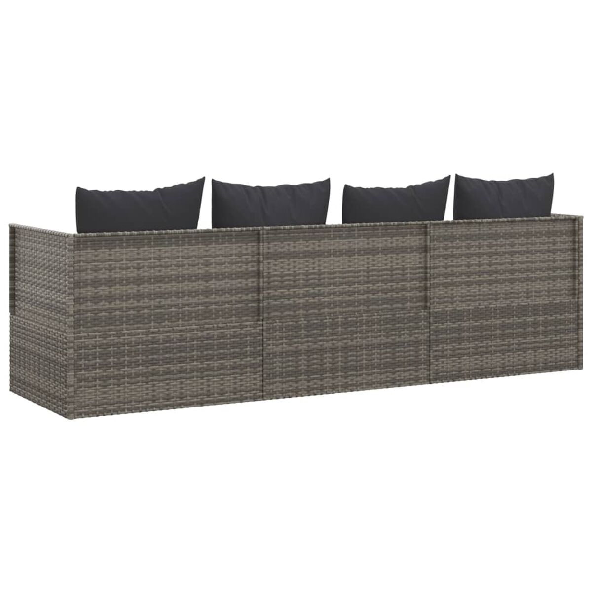 Graues Outdoor-Sofa mit vier schwarzen Kissen, Rückansicht.