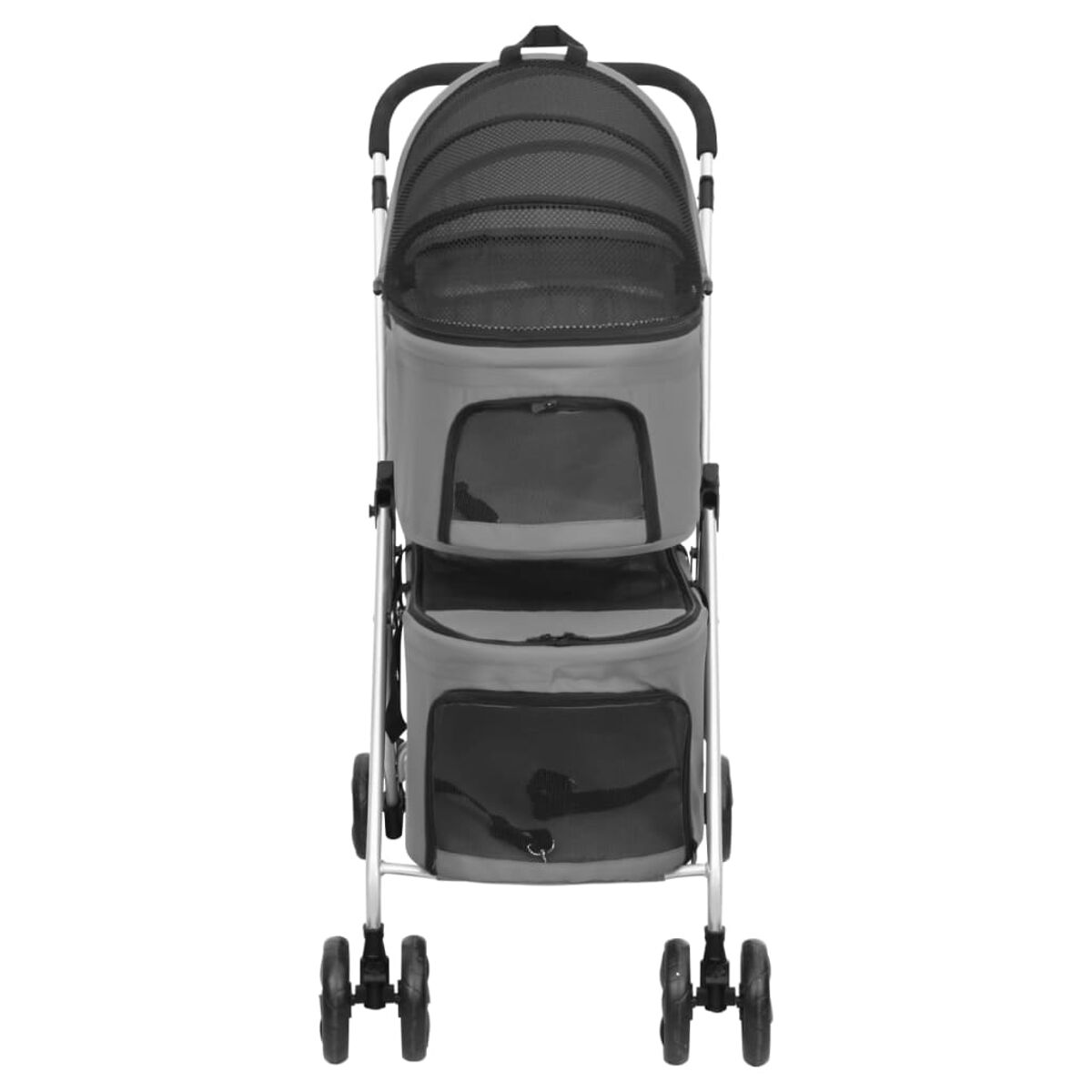 Grauer Haustier-Kinderwagen mit zwei Fächern und Rädern.