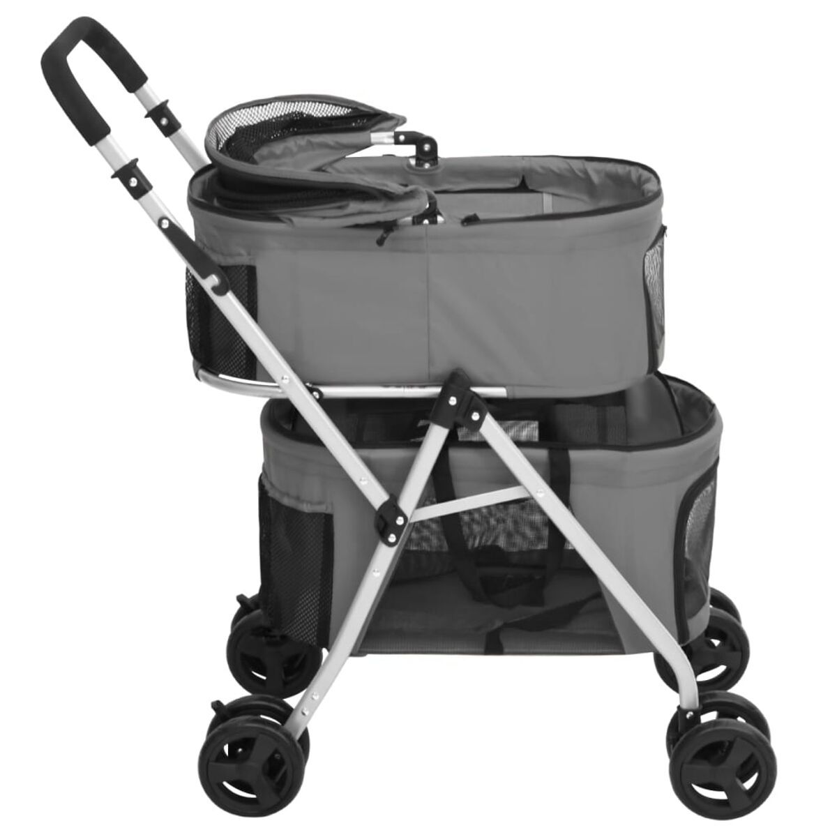 Ein grauer Haustier-Kinderwagen. Er hat ein oberes und unteres Fach, Räder und einen Griff.