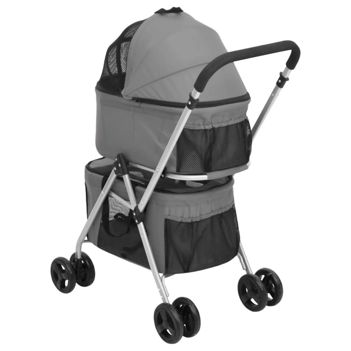 Grauer Haustier-Kinderwagen mit Stauraum und Verdeck.