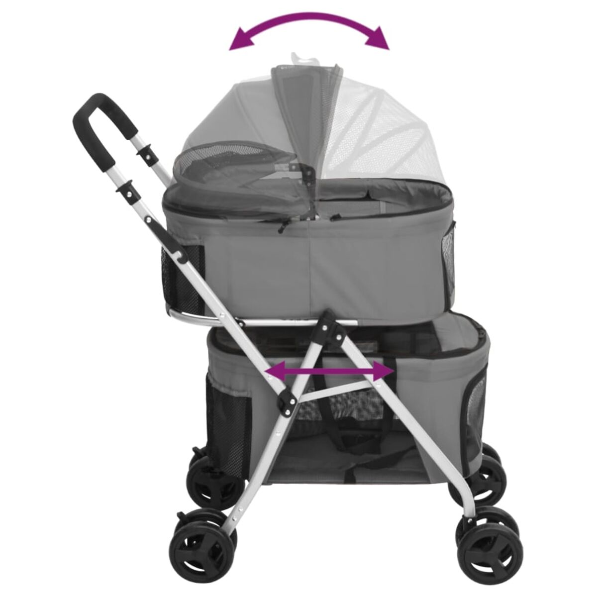 Grauer Tier-Buggy mit verstellbarem Verdeck und Stauraum.