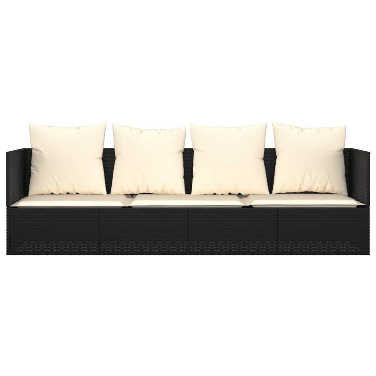 Schwarzes Outdoor-Sofa mit weißen Kissen. Das Sofa hat ein gewebtes Design.