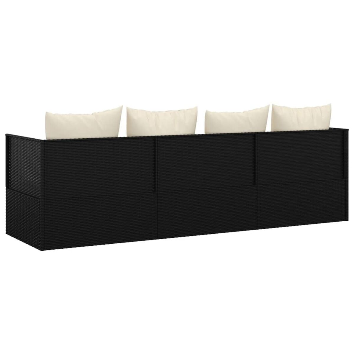 Schwarzes Korbmöbel-Sofa mit drei weißen Kissen auf der Rückseite.