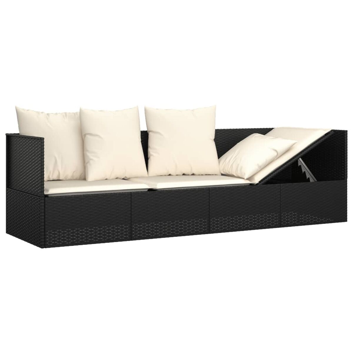 Schwarzes Rattan-Sofa mit beigen Kissen. Es hat einen Stauraum rechts. Weißer Hintergrund.
