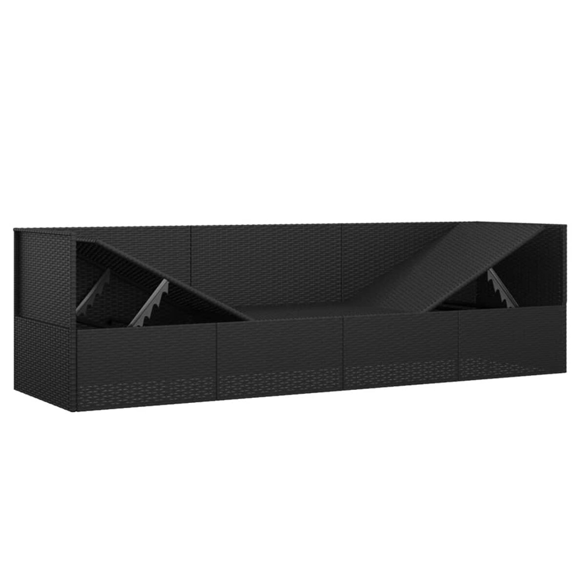 Schwarzes Korbmöbel-Sofa. Rechteckig mit offenen Staufächern.