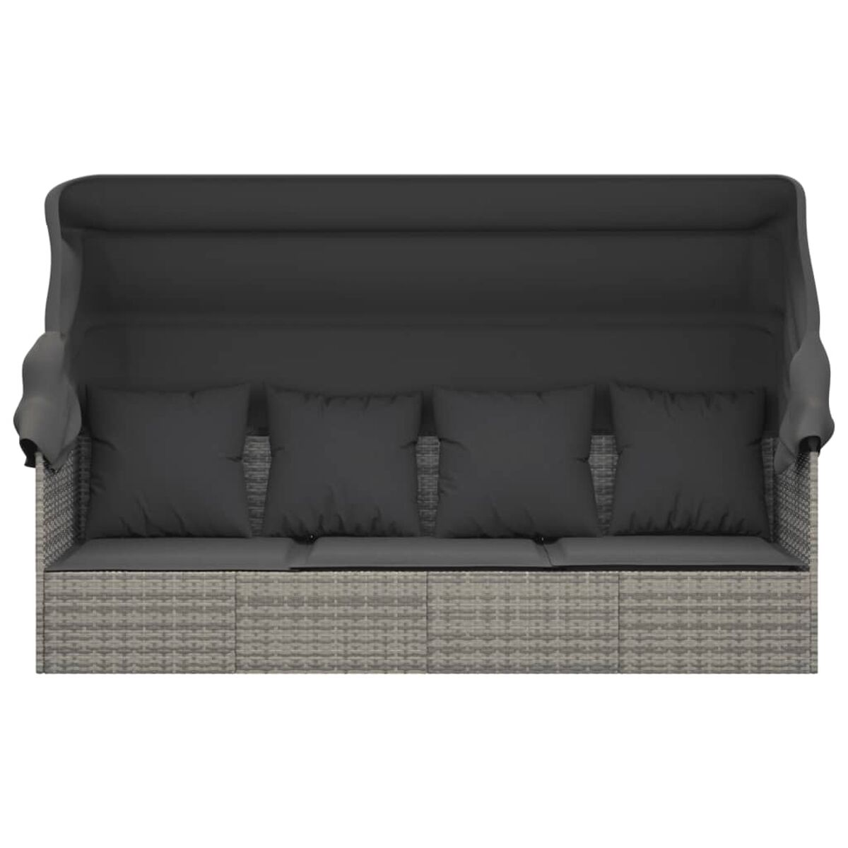 Ein graues Outdoor-Sofa mit Baldachin. Es hat vier schwarze Kissen.