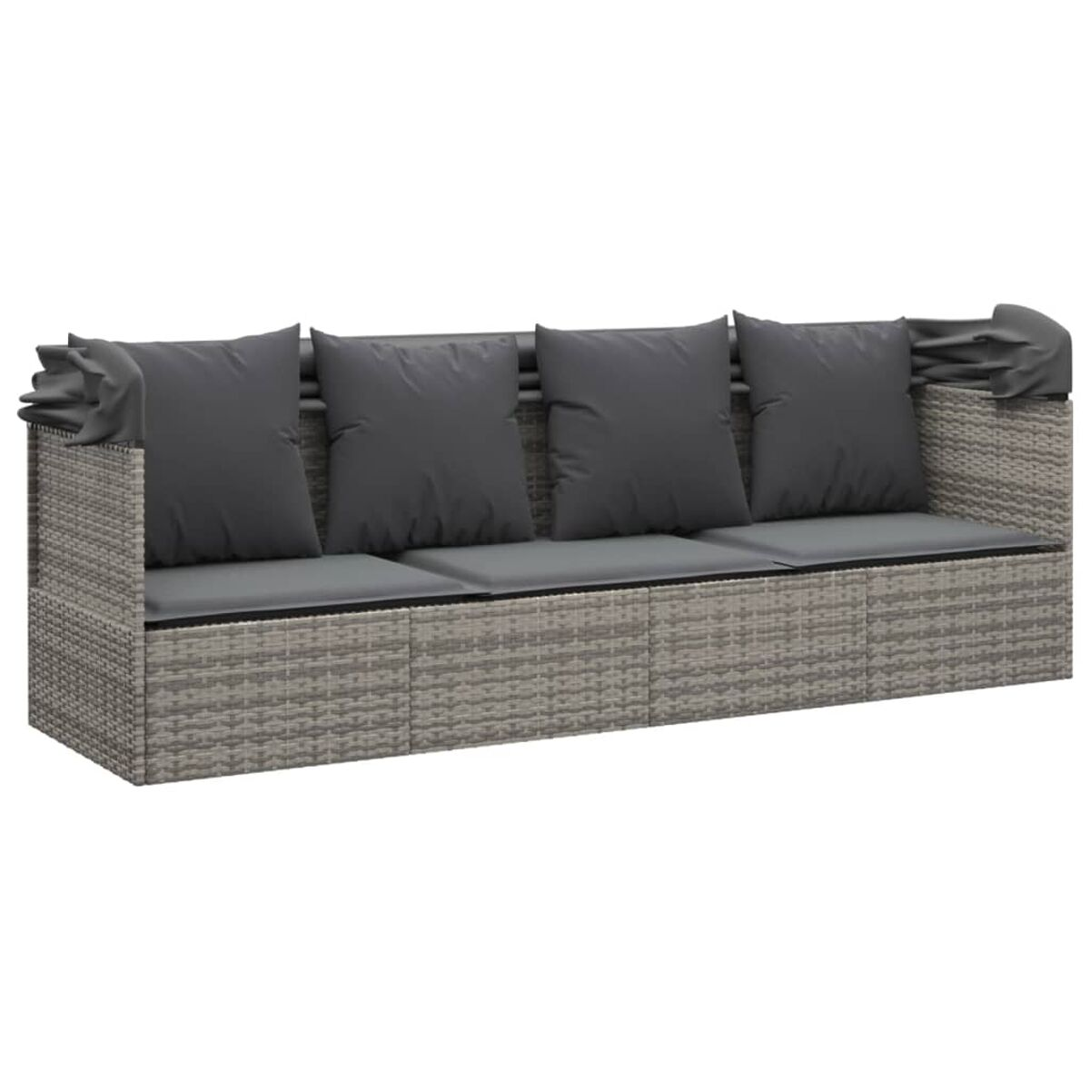 Ein graues Korbmöbelsofa mit vier grauen Kissen. Das Sofa ist rechteckig und hat eine gewebte Textur.