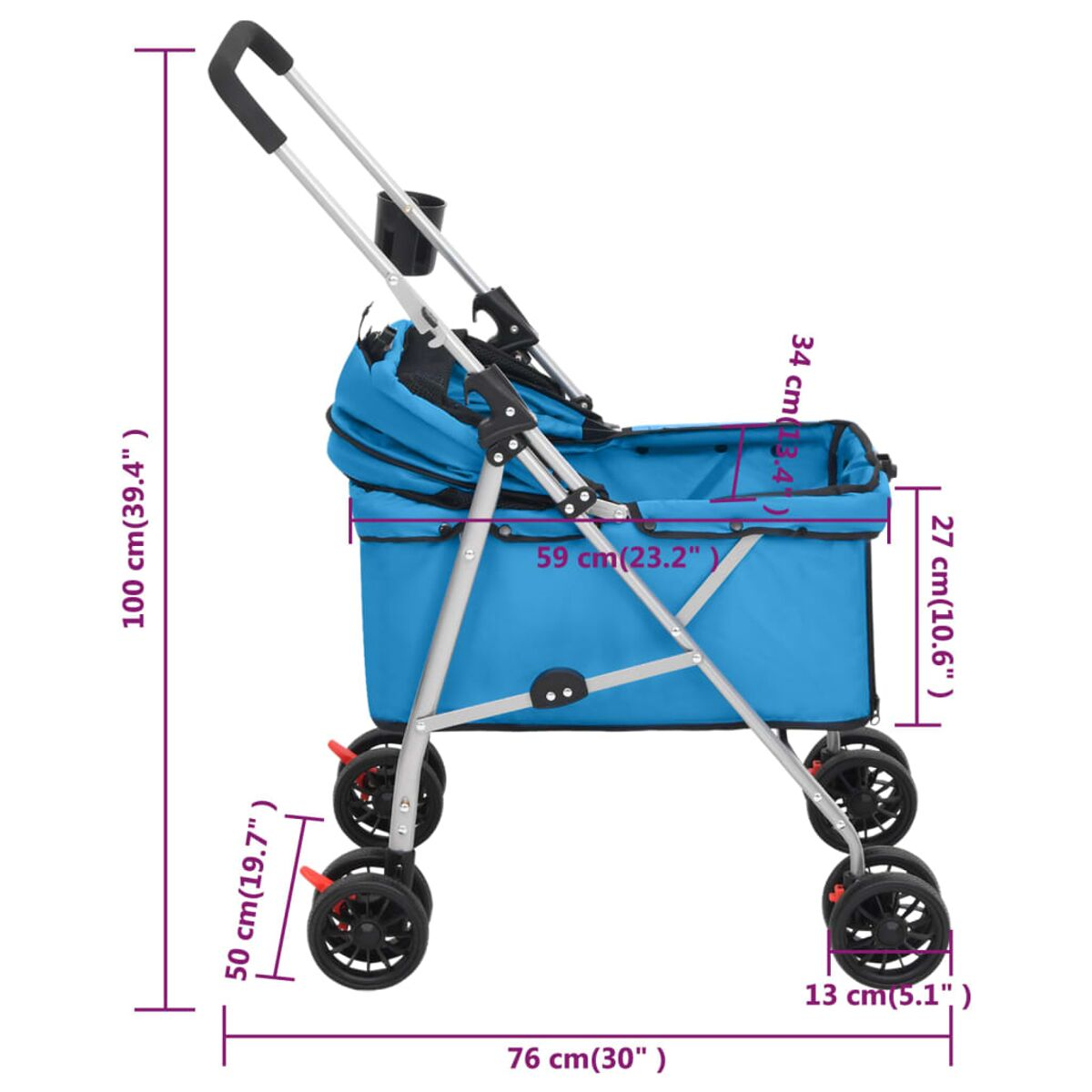 Blauer Haustier-Kinderwagen mit Maßen, Seitenansicht, mit schwarzen Rädern und Griff.