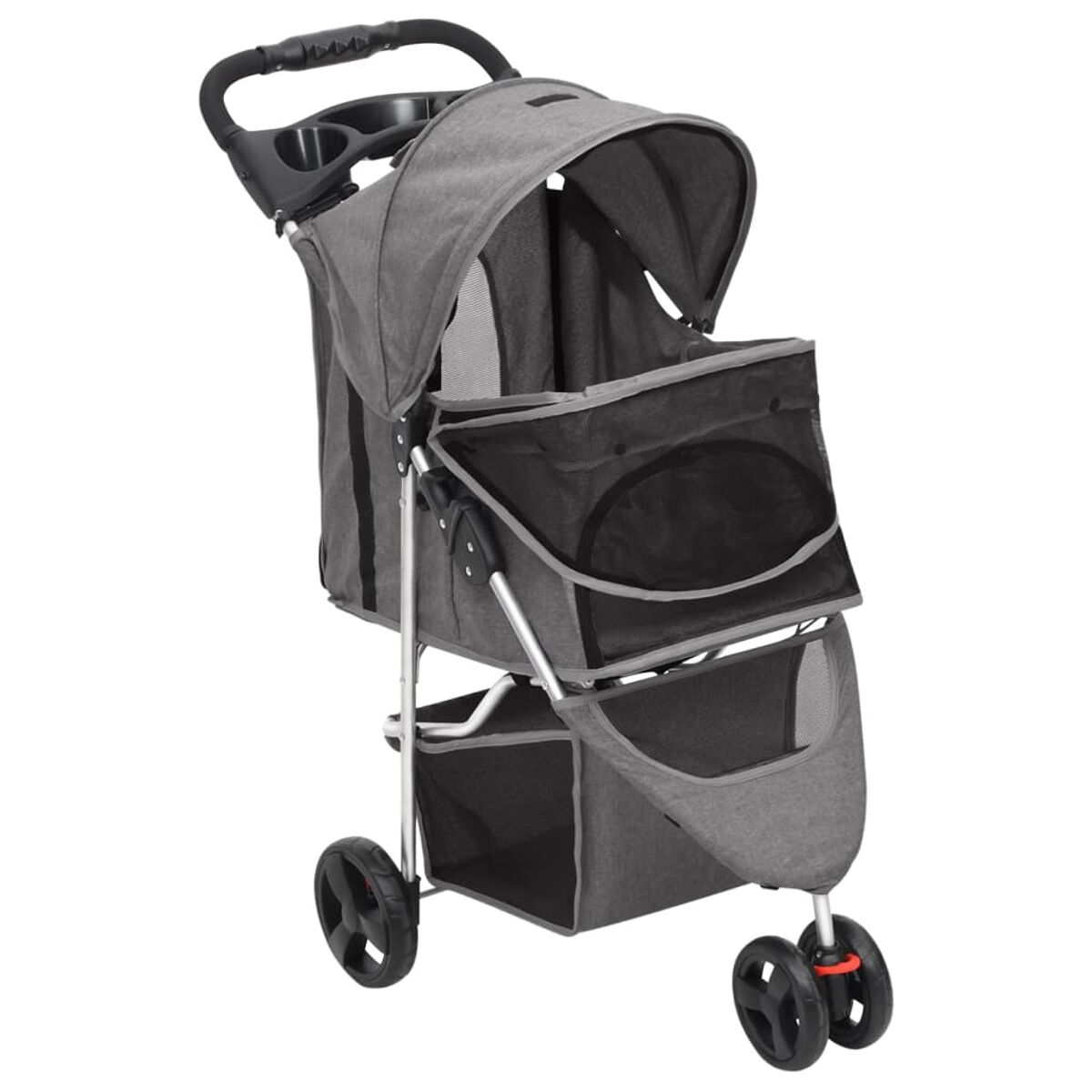 Grauer Haustierwagen mit schwarzen Rädern.